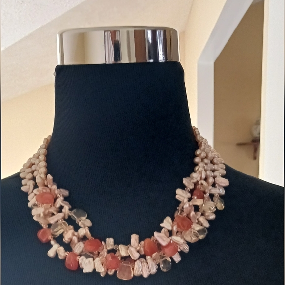 Coral and Peach Colored Shells And Stones With Faux Pearls necklace - Picture 2 of 10